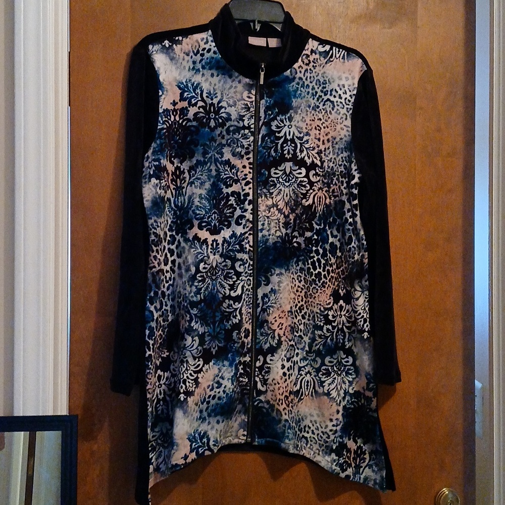 Chico's Printed Leopard Damask Zip-Front Velour Tunic Top Jacket Size 1